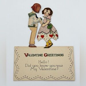 Vintage Valentines Day Stand Up Card Dancing Box Girl Movable Surprise Kiss